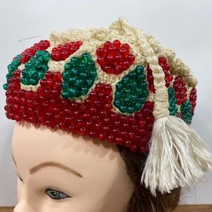 Vintage Handcrafted tasseled macrame Beaded Red Green cream Women's Hat tam